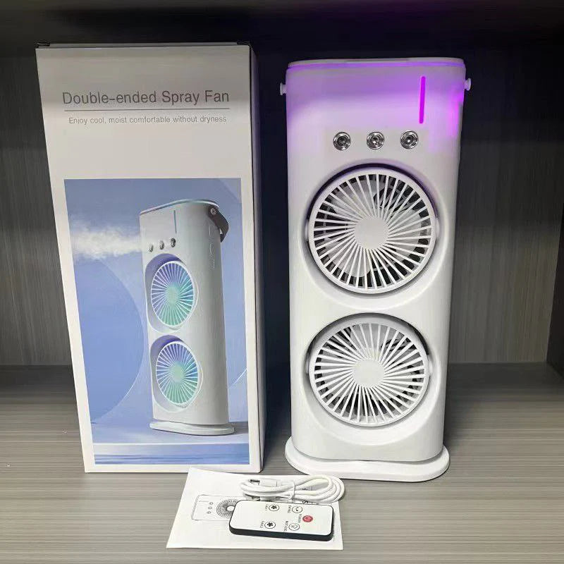مروحة تكييف هواء صغيرة برأسين، 3 سرعات، قابلة لإعادة الشحن Double ended Spray Fan Ventilateur mini Climatiseur à Double tête