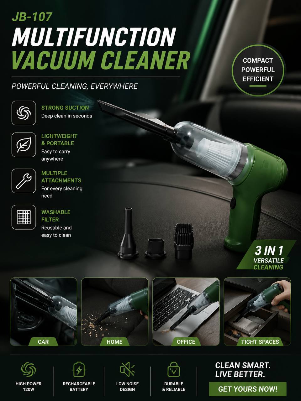مكنسة كهربائية محمولة متعددة الاستخدامات للمنزل والسيارة JB-107 Aspirateur Portable Multifonction pour Maison et Voiture