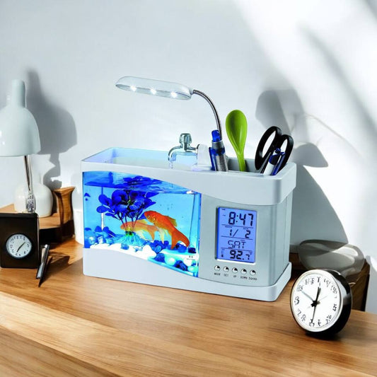 حوض أسماك زجاجي صغير USB مع مصباح LED بمؤقت LCD Mini Aquarium de poisson en verre