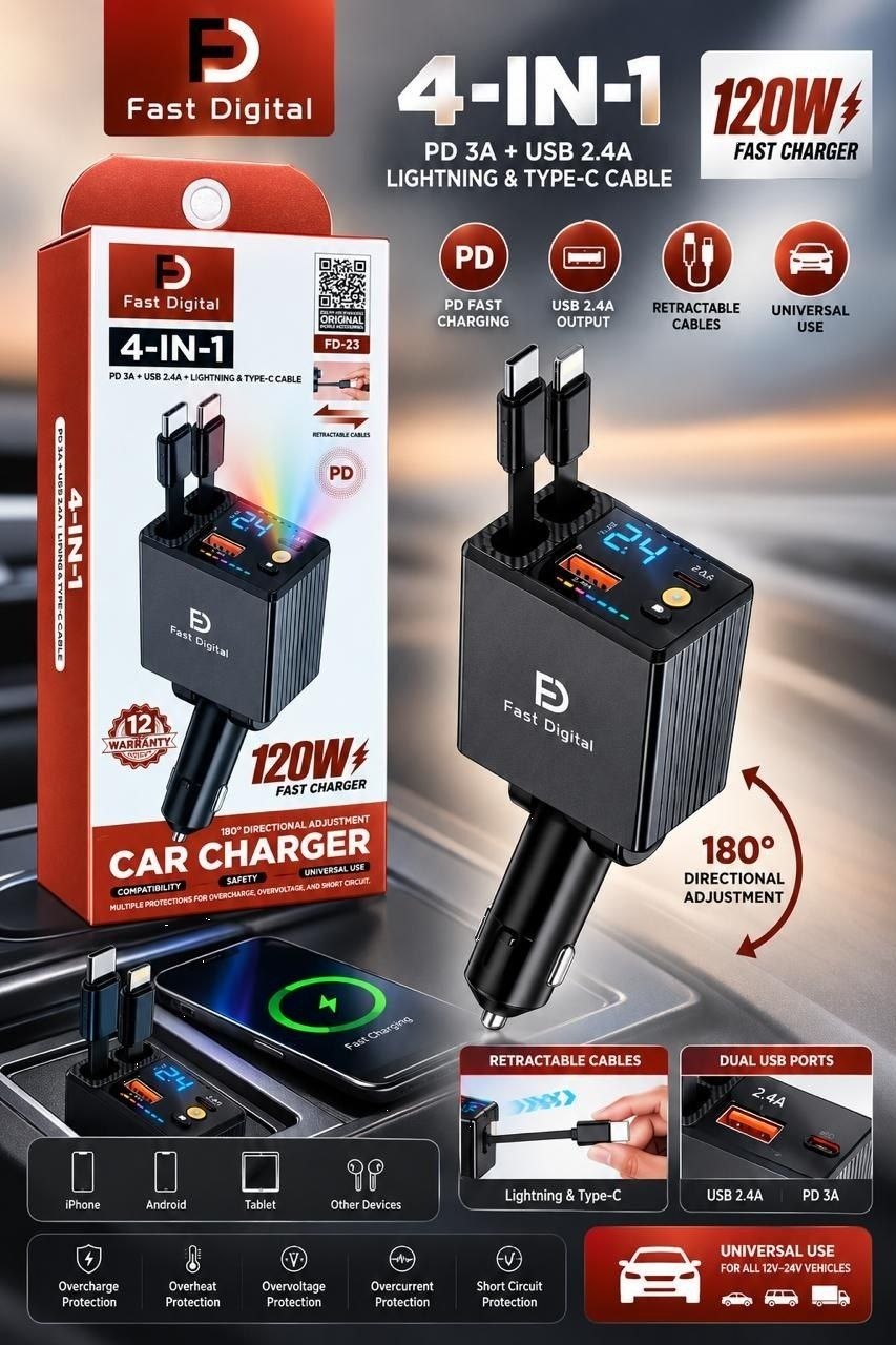 Chargeur de voiture 4-en-1 Fast Digital 120W