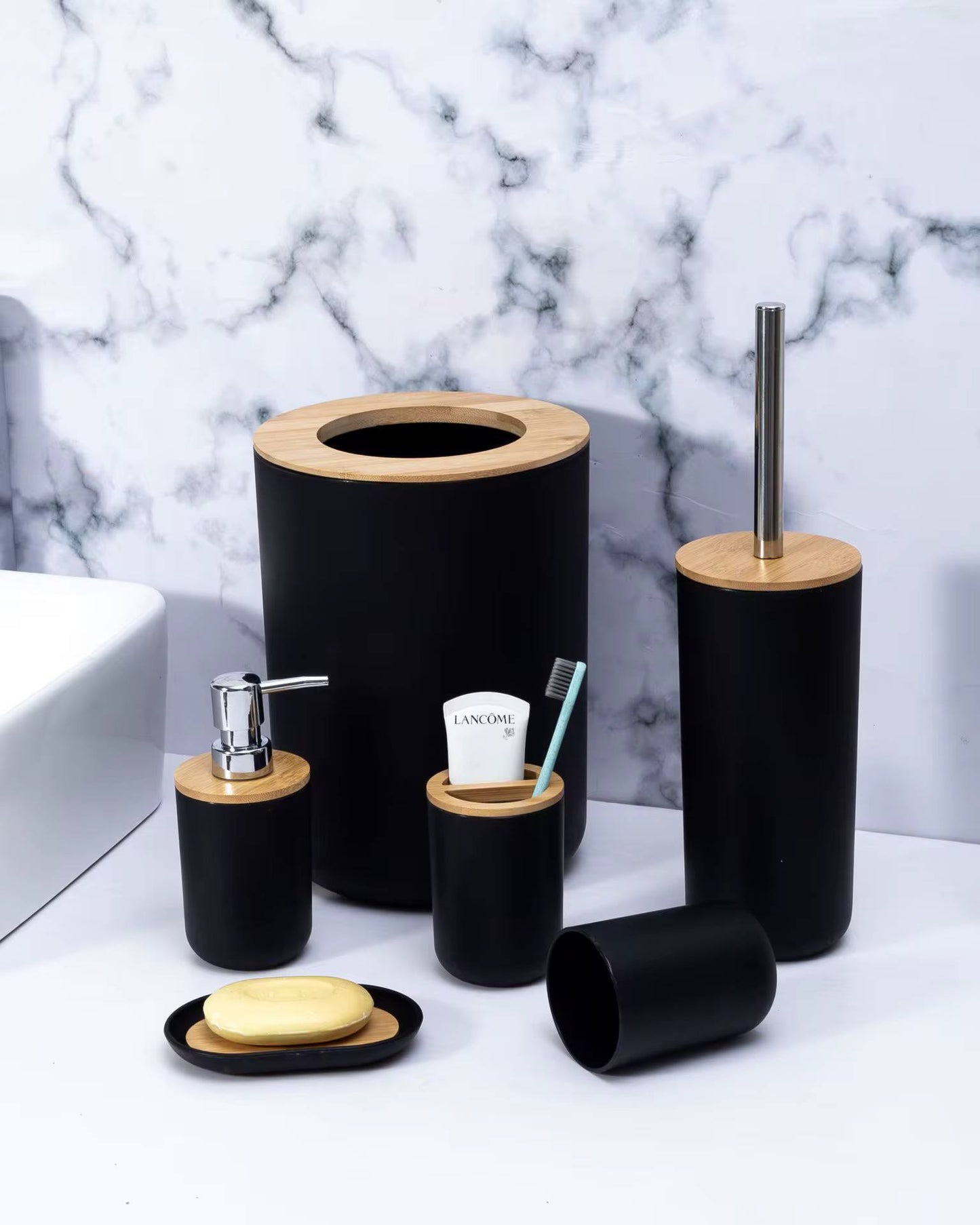 Ensemble Accessoires Salle de Bain 6 Pièces Moderne Distributeur de Savon, Brosse WC, Porte Savon et Gobelet طقم إكسسوارات حمام