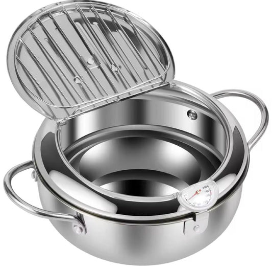 poêle à tempura japonaise قدر قلي عميق للمطبخ مع ميزان حرارة وغطاء، مقلاة من الفولاذ المقاوم للصدأ، مقلاة تمبورا يابانية