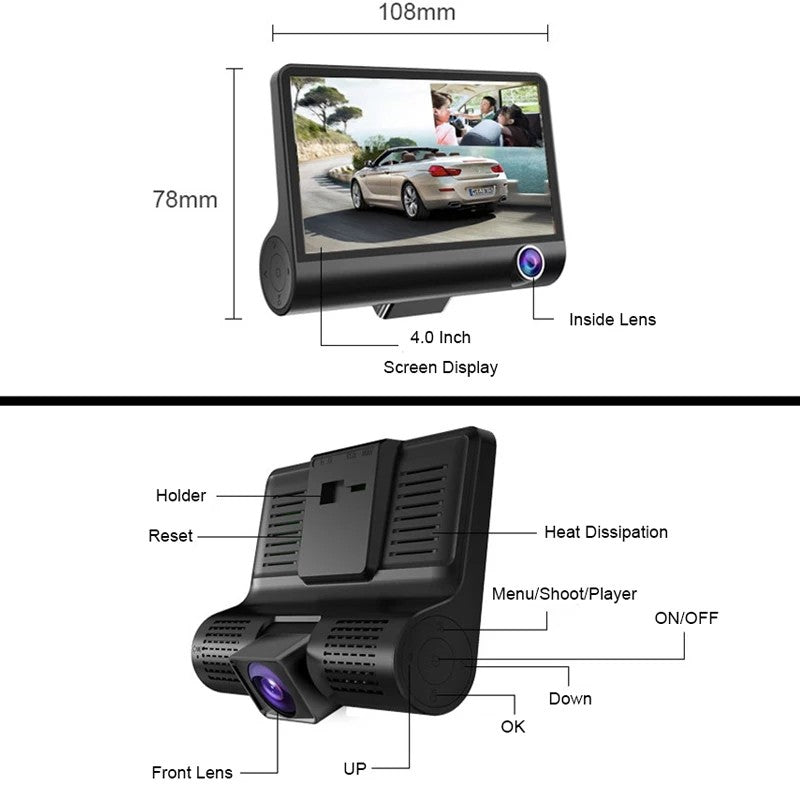 كاميرا السيارة ثلاثية العدسات مسجل فيديو للسيارة Enregistreur vidéo E-ACE pour voiture de 4 pouces avec 3 caméras FHD 1080P, support pour caméra arrière