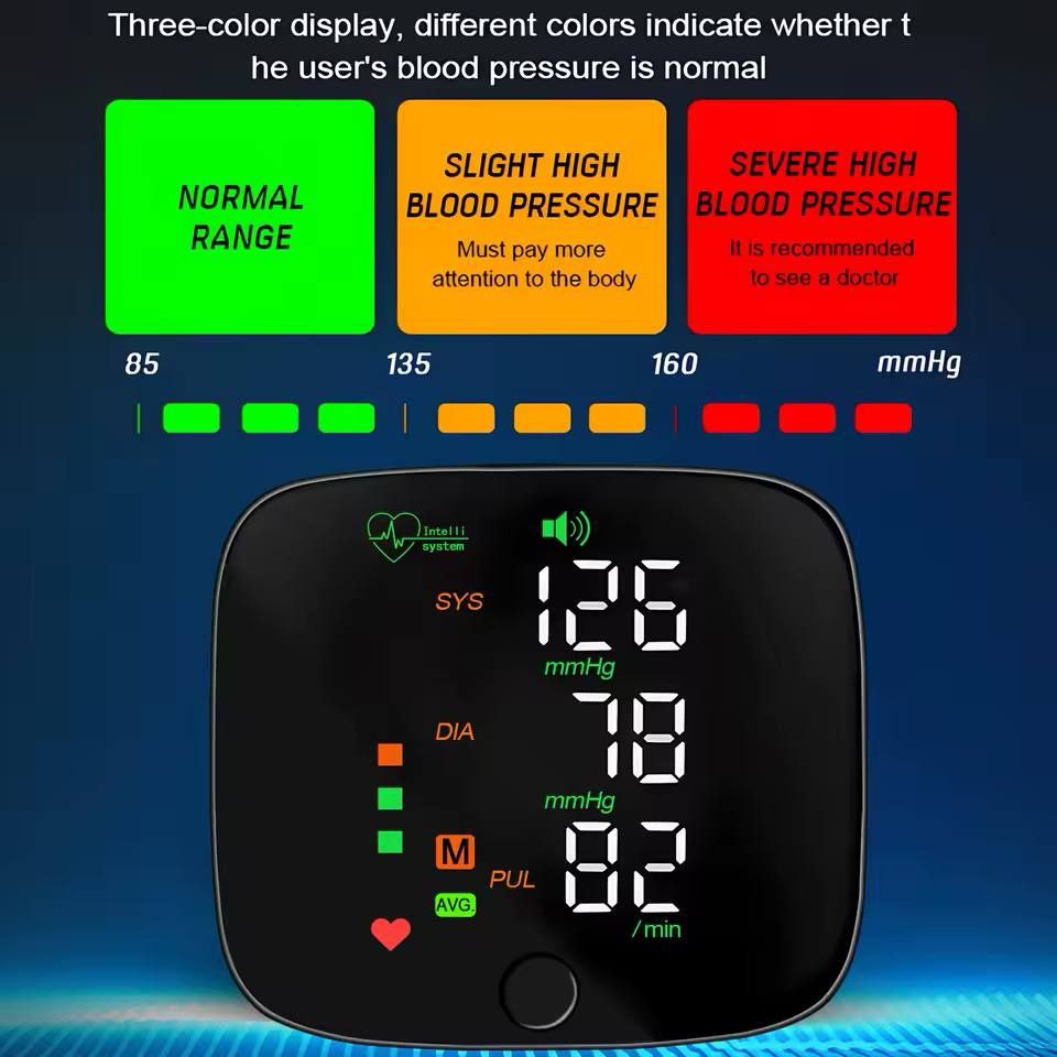 جهاز مراقبة ضغط الدم الرقمي الأوتوماتيكي للذراع LED آلة معدل ضربات القلب الصوتية الذكية