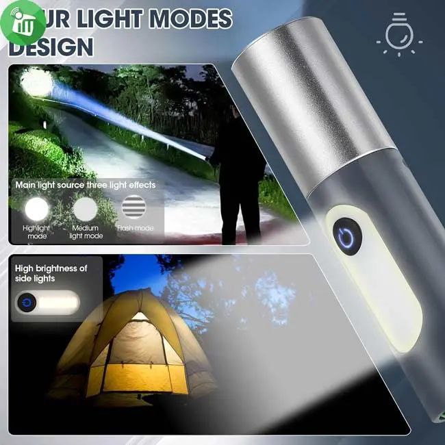 مصباح يدوي LED، قابل لإعادة الشحن عبر USB، قابل للتكبير والتصغير، 4 أوضاع Flashlight Lampe de poche à lumière LED, Rechargeable par USB, Zoomable, 4Modes