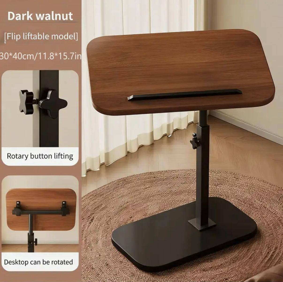 Table d'appoint élégante à Hauteur et angle réglables طاولة جانبية أنيقة قابلة لتعديل الارتفاع والزاوية، بتصميم عصري وسطح خشبي وإطار معدني