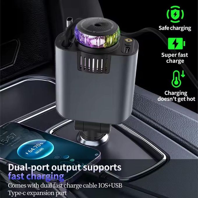 شاحن سيارة 5 في 1 بقوة 45 واط مع كابلات قابلة للسحب Chargeur de Voiture 45W 5-en-1 avec Câbles Rétractables