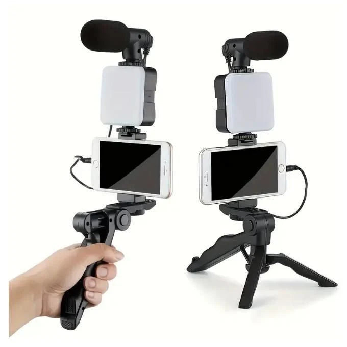 Kit Vlogging Smartphone AY49 RGB avec Trépied, Lampe LED et Micro Sans Fil طقم تصوير فيديو للهواتف الذكية AY49 RGB مع حامل ثلاثي القوائم، وإضاءة LED، وميكروفون لاسلكي للبث المباشر وإنشاء المحتوى