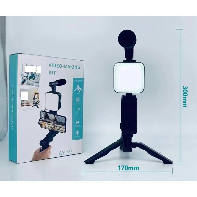 Kit Vlogging Smartphone AY49 RGB avec Trépied, Lampe LED et Micro Sans Fil طقم تصوير فيديو للهواتف الذكية AY49 RGB مع حامل ثلاثي القوائم، وإضاءة LED، وميكروفون لاسلكي للبث المباشر وإنشاء المحتوى