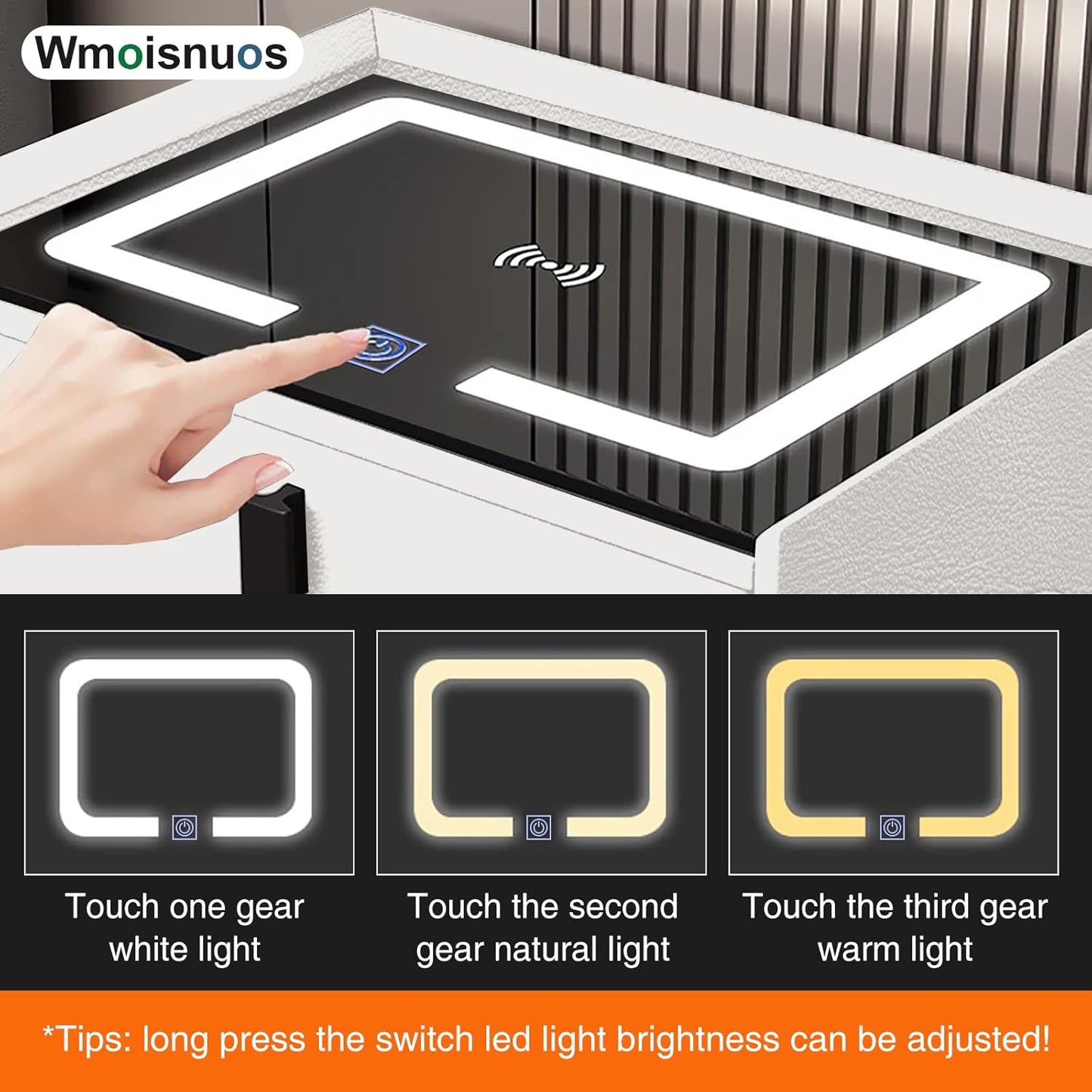 طاولة جانبية ذكية مع محطة شحن لاسلكية وإضاءة ليد بثلاثة ألوان Table de chevet intelligente avec station de recharge sans fil et éclairage LED