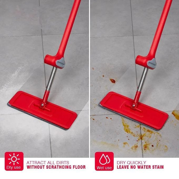 ممسحة مسطحة تعمل بدون استخدام اليدين، مزودة بنظام تنظيف مع عصر. Vadrouille plate mains libres, dotée d'un système de nettoyage avec essorage.