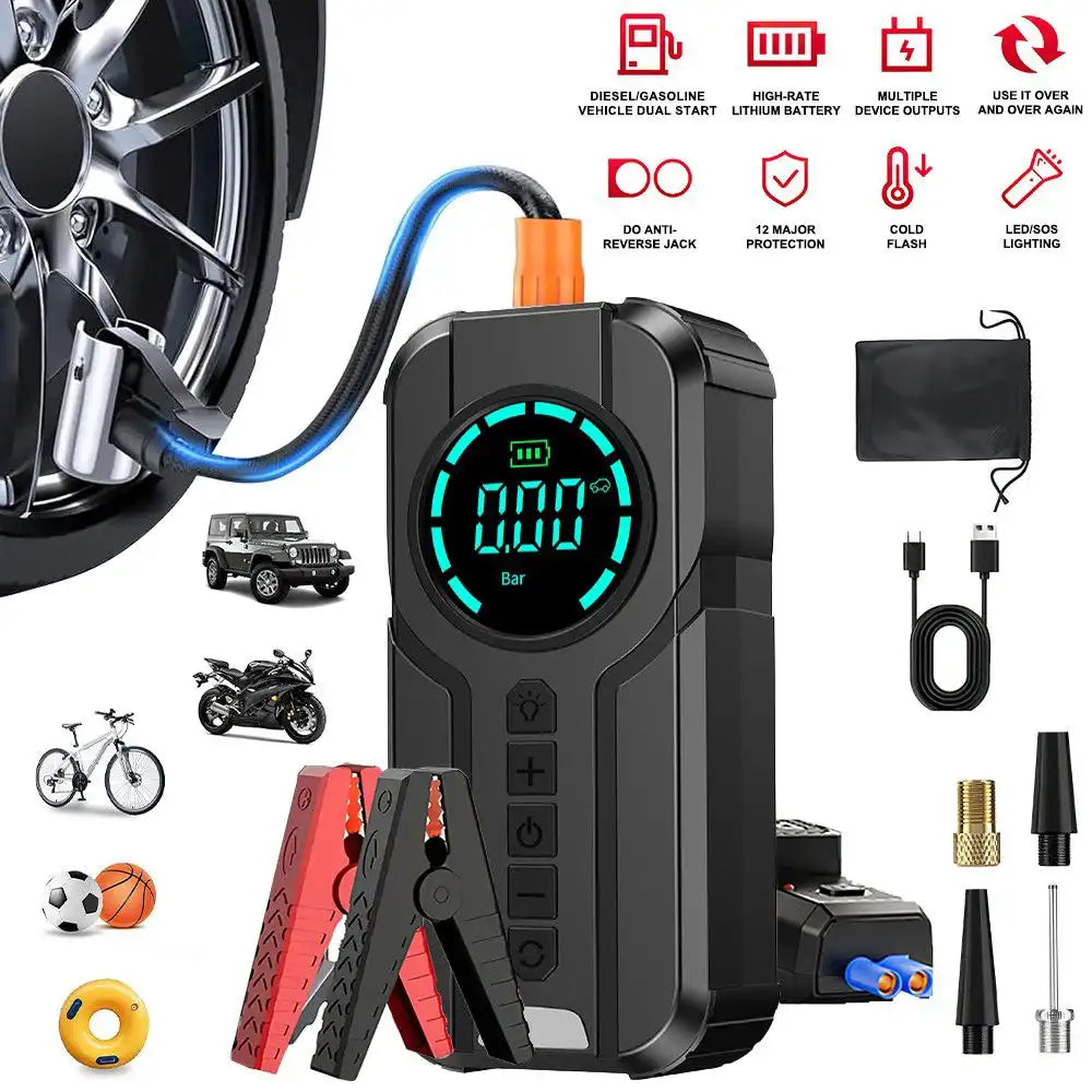 Démarreur de Voiture, Compresseur d'Air Portatif, Power Bank et Lampe LED Jump Starter with Air Pump معزز بطارية 4 في 1 1920 جهاز تشغيل السيارة، ضاغط هواء محمول، بنك طاقة، ومصباح LED