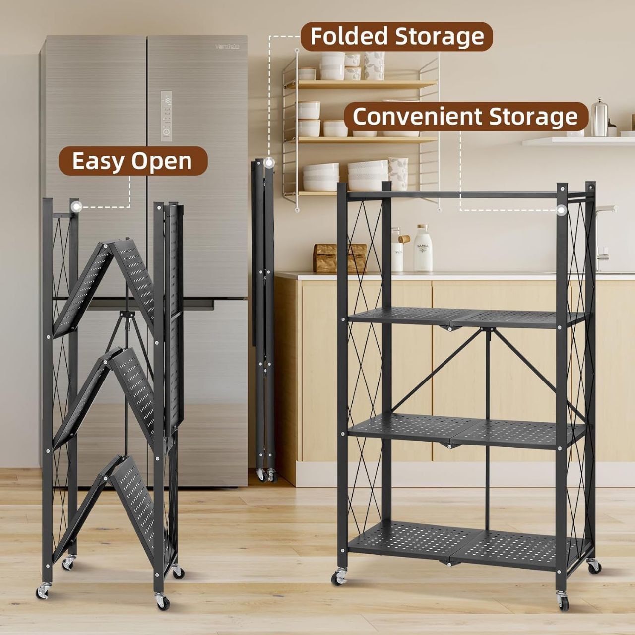 رف معدني قابل للطي بأربع طبقات وعجلات Étagère en Métal Pliable avec 4 Couches et Roues
