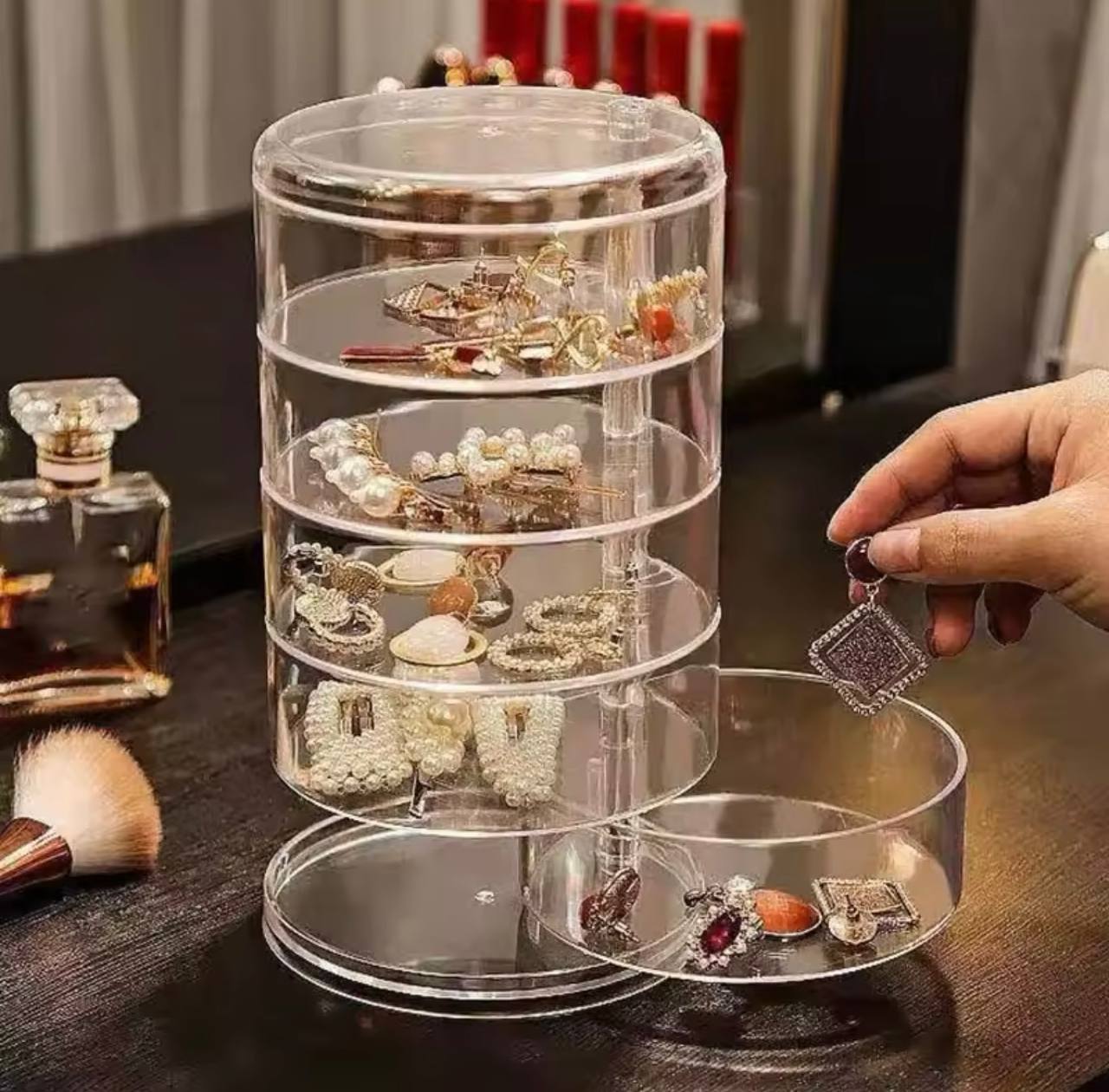صندوق تخزين مجوهرات دوار ، حامل عرض للأساور والأقراط والساعات