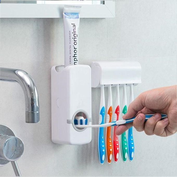 Toothpaste Dispenser موزع معجون الأسنان الأوتوماتيكي و5 حوامل لفرشاة الأسنان Distributeur de Dentifrice Automatique