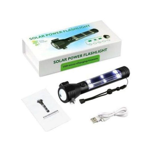 Solar Power Flashlight مصباح الأمان الشمسي القابل للشحن مصباح مزود بكاسر النوافذ