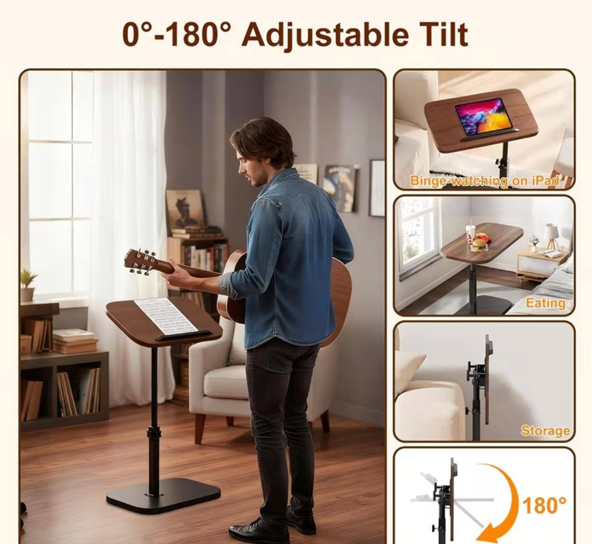 Table d'appoint élégante à Hauteur et angle réglables طاولة جانبية أنيقة قابلة لتعديل الارتفاع والزاوية، بتصميم عصري وسطح خشبي وإطار معدني