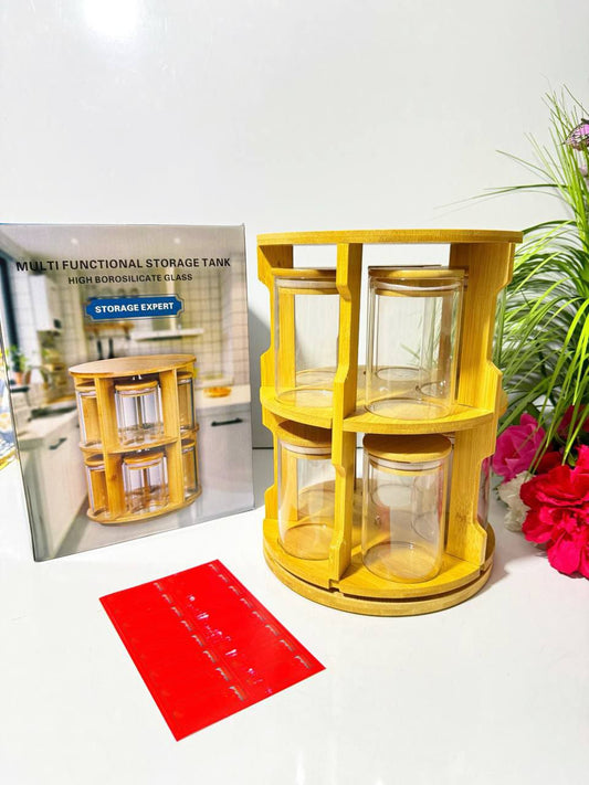 Étagère à Épices Rotative 360° en Bois et 10 Bocaux رف توابل خشبي دوار 360 درجة مع 10 برطمانات