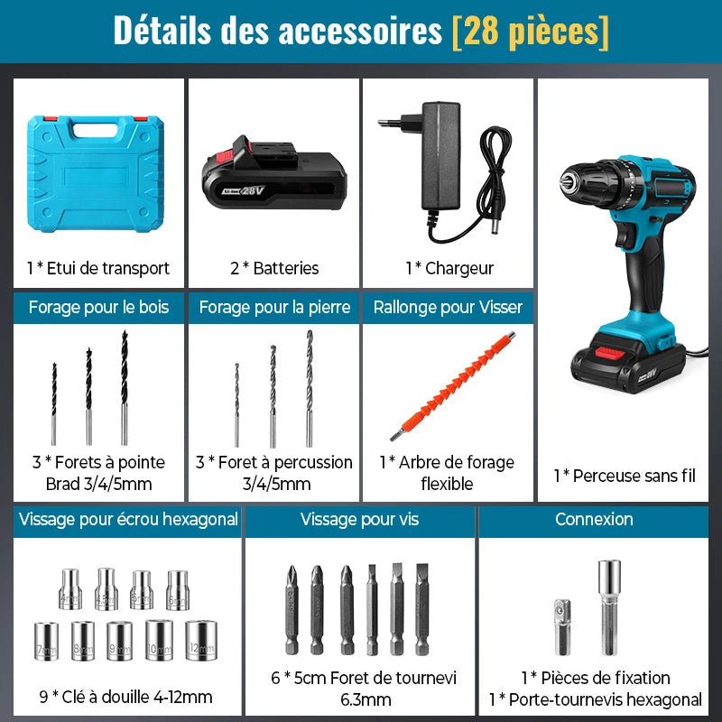 Perceuse à percussion sans fil 28V, tournevis multifonction, perceuse électrique rechargeable مثقاب لاسلكي يعمل بجهد 28 فولت، مفك براغي متعدد الوظائف، مثقاب كهربائي قابل لإعادة الشحن