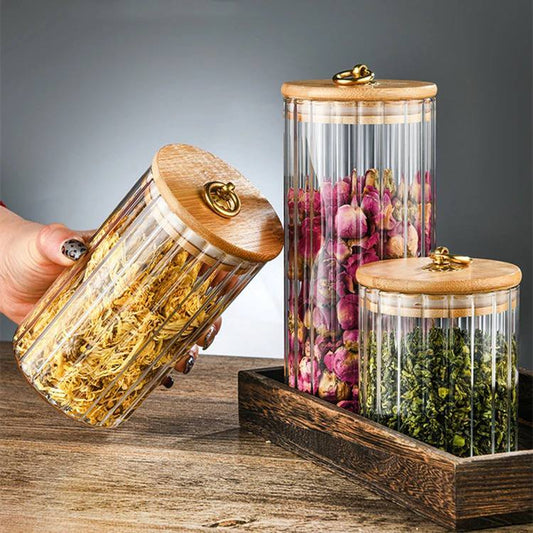 Bocaux en verre épais برطمانات زجاجية سميكة مستديرة ومخططة بغطاء من الخيزران