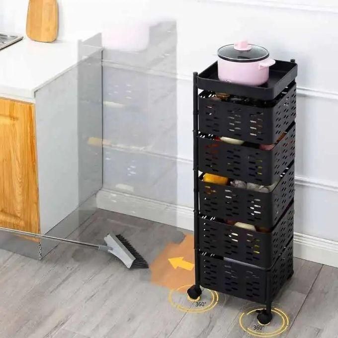 Etagère de rangement rotative 5 niveaux à roulettes, chariot cuisine multifonction mobile رف تخزين دوار بخمسة مستويات على عجلات، عربة مطبخ متنقلة متعددة الوظائف