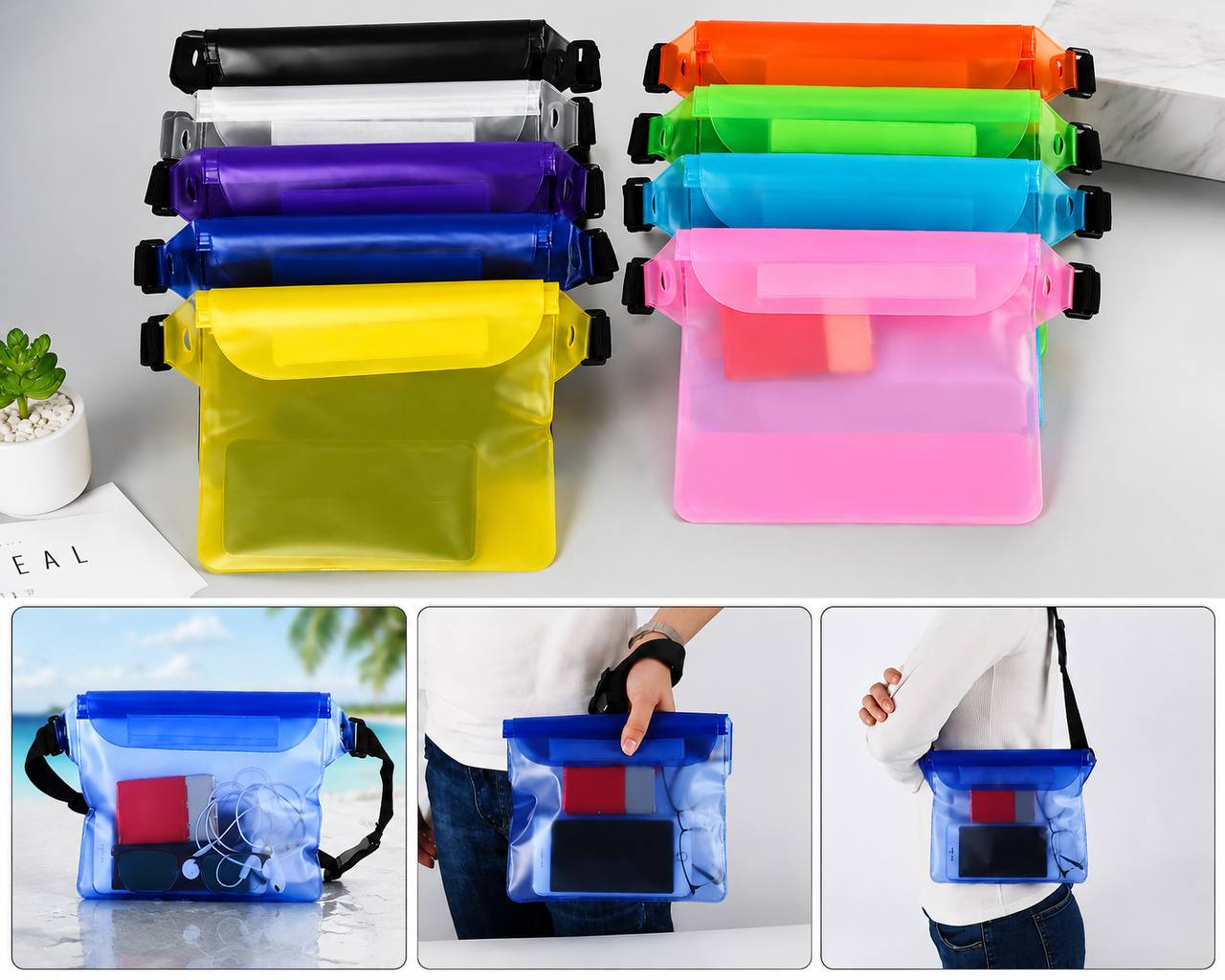 Pochette étanche pour la natation avec ceinture ajustable et protection tactile pour téléphone portable حقيبة سباحة مقاومة للماء مع حزام خصر قابل للتعديل، وغطاء هاتف محمول