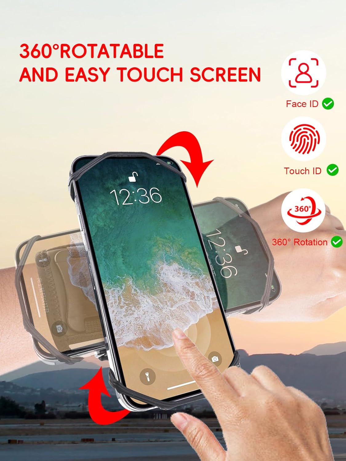 Brassard de course rotatif à 360° avec pochette pour écouteurs حامل هاتف للمعصم قابل للدوران 360 درجة