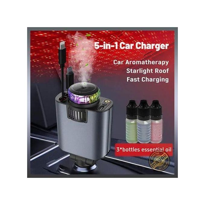 شاحن سيارة مع كابلات قابلة للسحب ناشر الزيوت الأساسية وإضاءة النجوم Chargeur de Voiture 45W 5-en-1 avec Câbles Rétractables, PD 30W, Diffuseur d’Huiles Essentielles et Lumière Starlight
