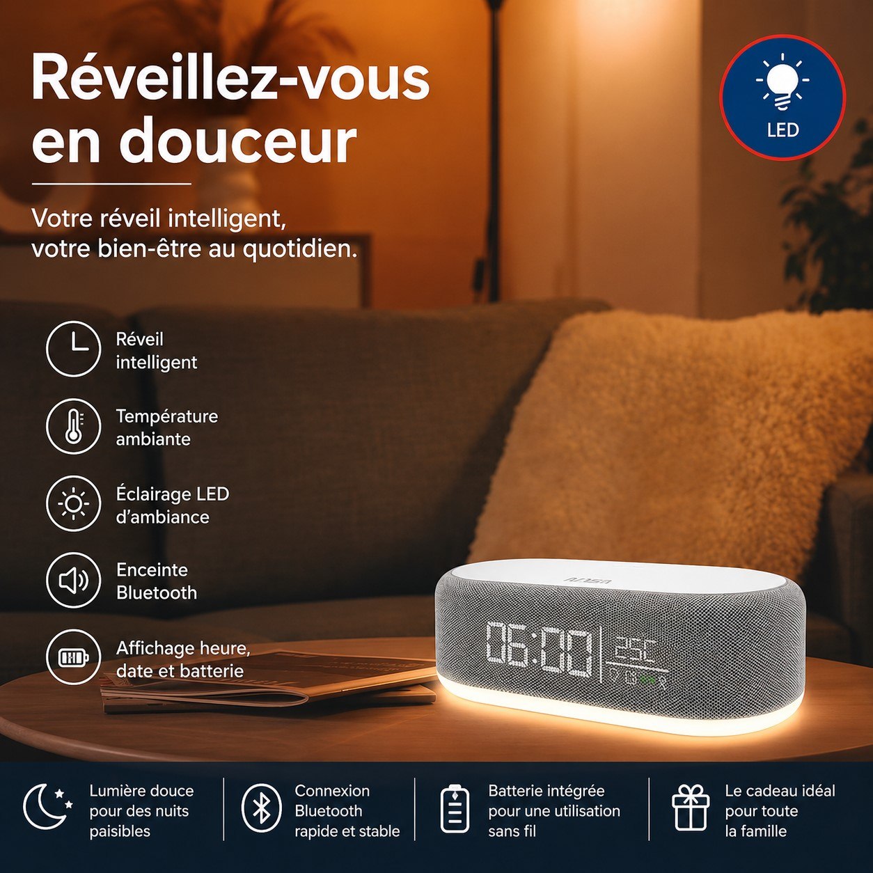 Réveil 4 en 1 avec chargement sans fil, haut-parleur sans fil ساعة منبه 4 في 1 مزودة بشحن لاسلكي، ومكبر صوت لاسلكي، وإضاءة ليلية، وشاشة عرض درجة الحرارة