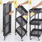 عربة تخزين معدنية سوداء قابلة للطي بثلاثة أرفف وعجلات Chariot de rangement pliable en métal noir à 3 niveaux avec des roulettes