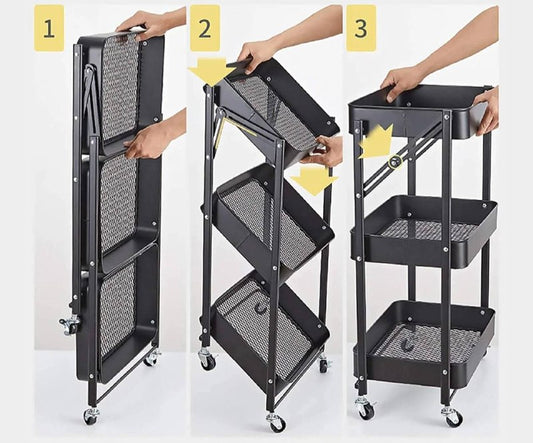 عربة تخزين معدنية سوداء قابلة للطي بثلاثة أرفف وعجلات Chariot de rangement pliable en métal noir à 3 niveaux avec des roulettes