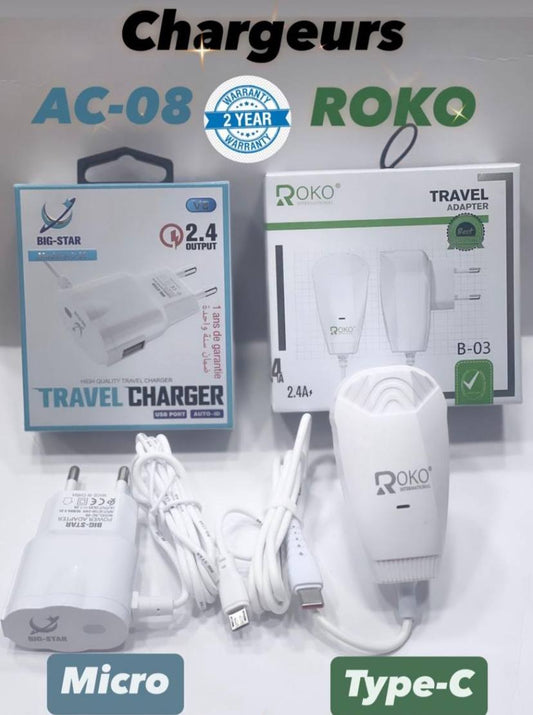 Chargeur Travel charger AC-08  2.4A Micro Type-C