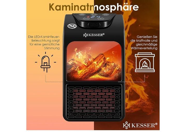 سخان جداري محمول بتصميم لهب Radiateur soufflant Céramique sur prise, 2000W Mini chauffage télécommandé 400W sur prise secteur mural portable avec motif flamme