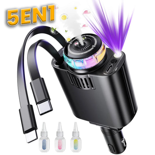 Chargeur de Voiture 5-en-1 Starlight Rétractable Diffuseur d’Arôme Intégré