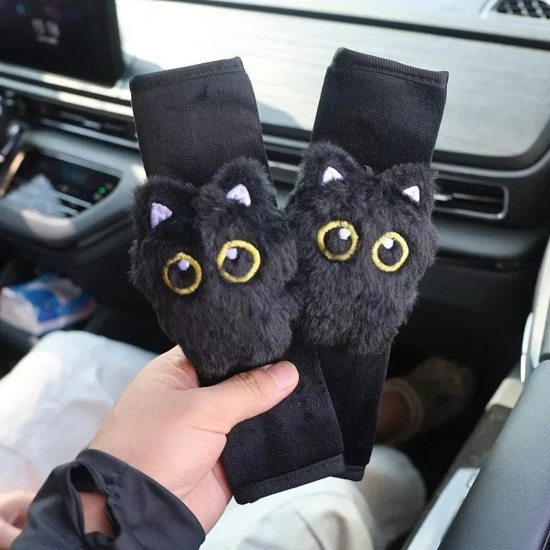 Cat Car Ceinture غطاء ووسادة لحزام الأمان بتصميم قطة سوداء 1 housse de ceinture de sécurité en peluche noire motif chat pour voiture