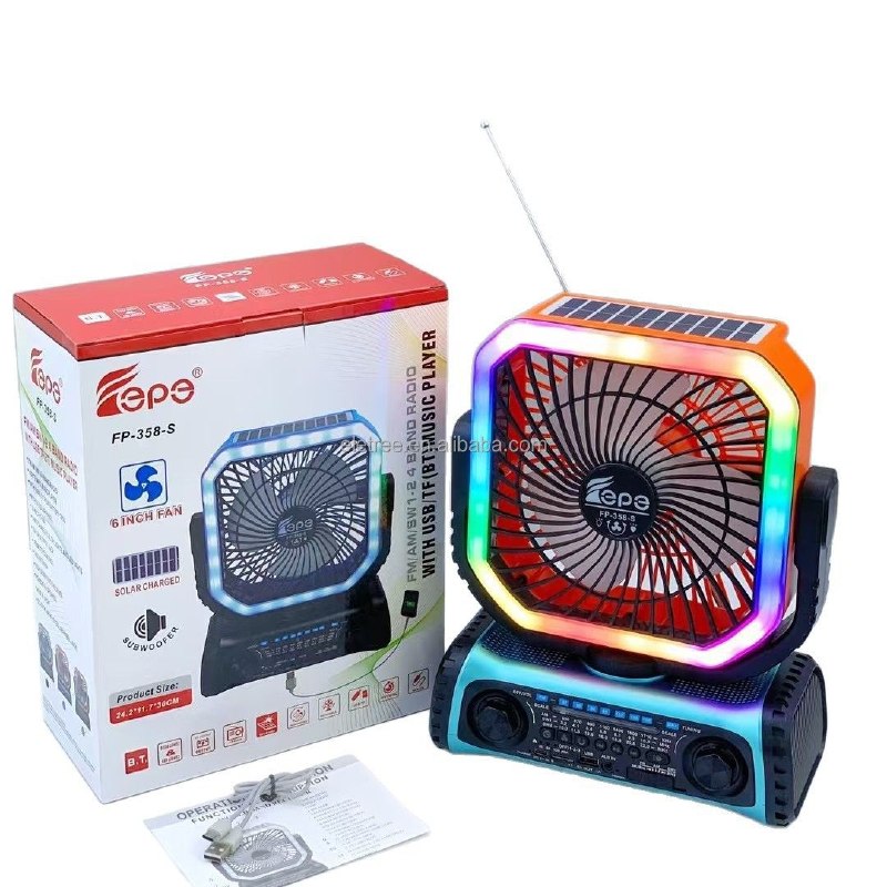 Solar Powered Camping Fan FP-358-S Ventilateur de camping multifonctionnelle portable مروحة تخييم محمولة متعددة الوظائف مزودة بمكبر صوت لاسلكي بتقنية البلوتوث ومصباح LED