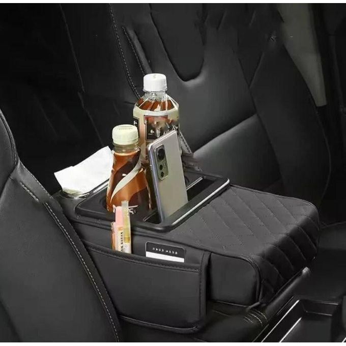وسادة مسند ذراع السيارة الوسطى من الجلد الصناعي حامل هاتف مدمج وحاملات أكواب Coussin d’accoudoir central pour voiture en simili cuir