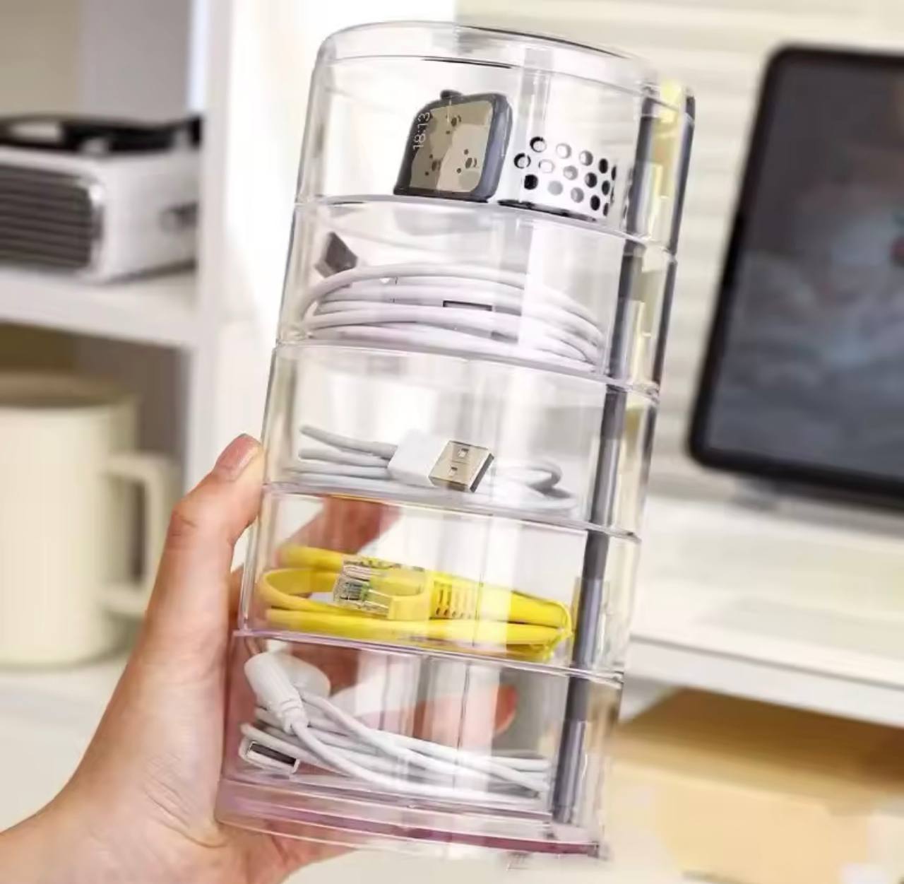 صندوق تخزين مجوهرات دوار ، حامل عرض للأساور والأقراط والساعات