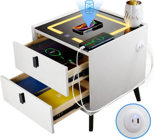 طاولة جانبية ذكية مع محطة شحن لاسلكية وإضاءة ليد بثلاثة ألوان Table de chevet intelligente avec station de recharge sans fil et éclairage LED