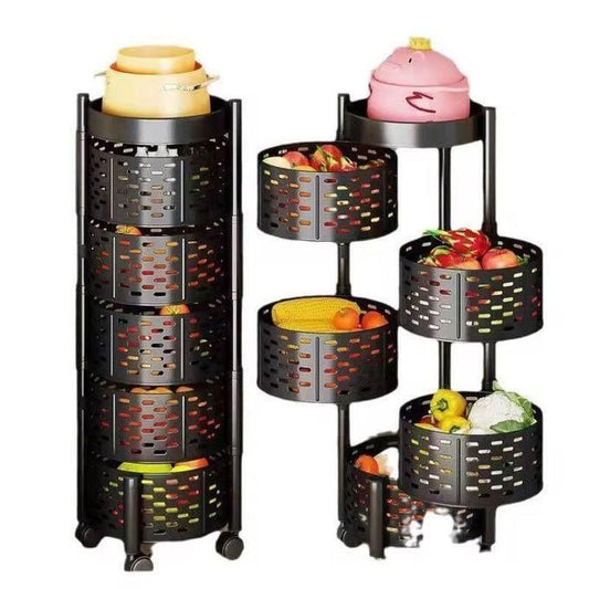 رف مطبخ دوار متعدد الطبقات سلة تخزين أسطوانية 360 درجة Etagère de Cuisine Rotative Multi-Couches Panier de Rangement Cylindrique