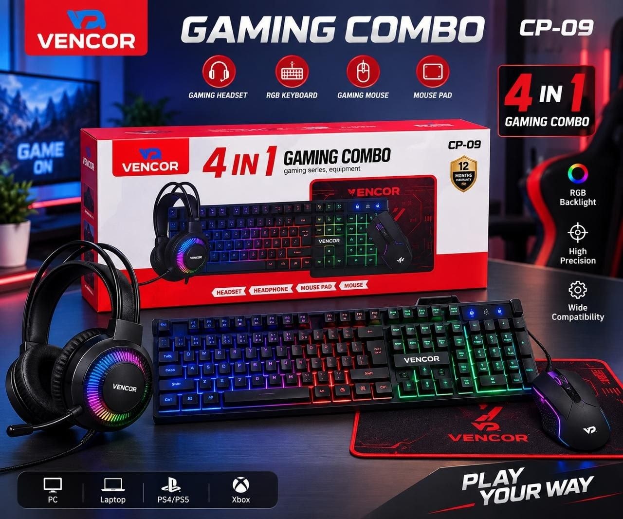 CP-09 Vencor Pack Gaming Combo 5en1 Ensemble Complet Filaire Clavier LED, Souris Optique, Casque Audio et Tapis de Souris