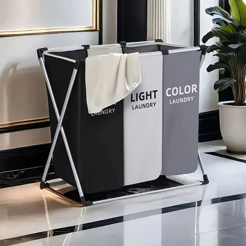 سلة الغسيل قابلة للطي وسهلة الاستعمال Panier à linge avec trois compartiments, pliable en forme de X, Organisateur linge