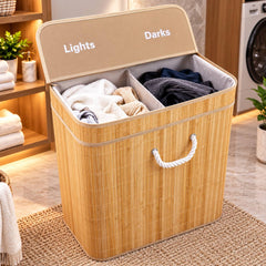 سلة غسيل تجمع بين الخيزران الطبيعي وتصميم بـقسمين وغطاء Panier à linge allie du bambou naturel à deux compartiments avec couvercle