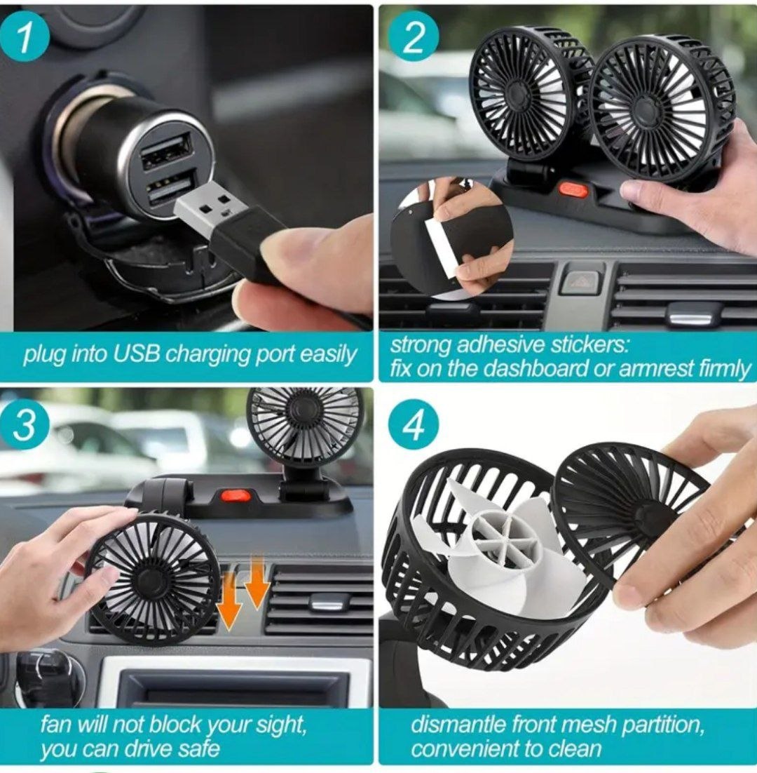 مروحة سيارة USB مزدوجة الرأس، دوران 360 درجة Ventilateur de voiture USB à double tête