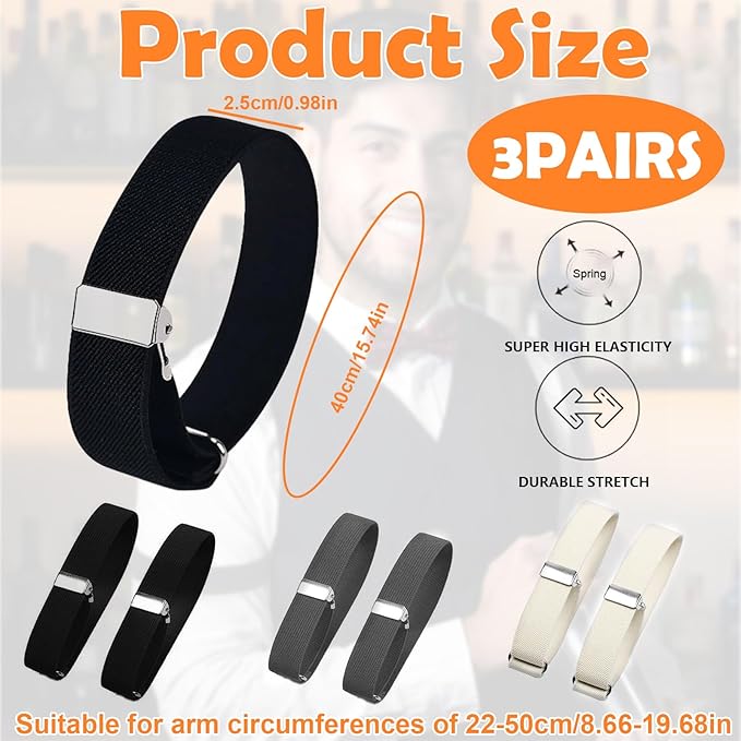 مجموعة من 6 أربطة أكمام قابلة للتعديل Ensemble de 6 bandes élastiques réglables pour manches de chemise