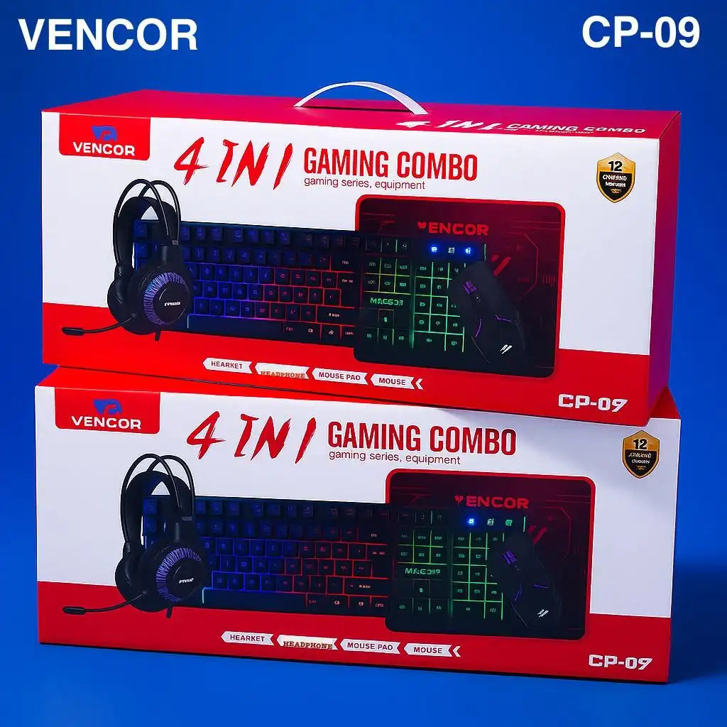 CP-09 Vencor Pack Gaming Combo 5en1 Ensemble Complet Filaire Clavier LED, Souris Optique, Casque Audio et Tapis de Souris