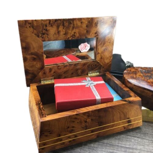 Coffret boite en bois de thuya pour rangement des bijoux avec miroir