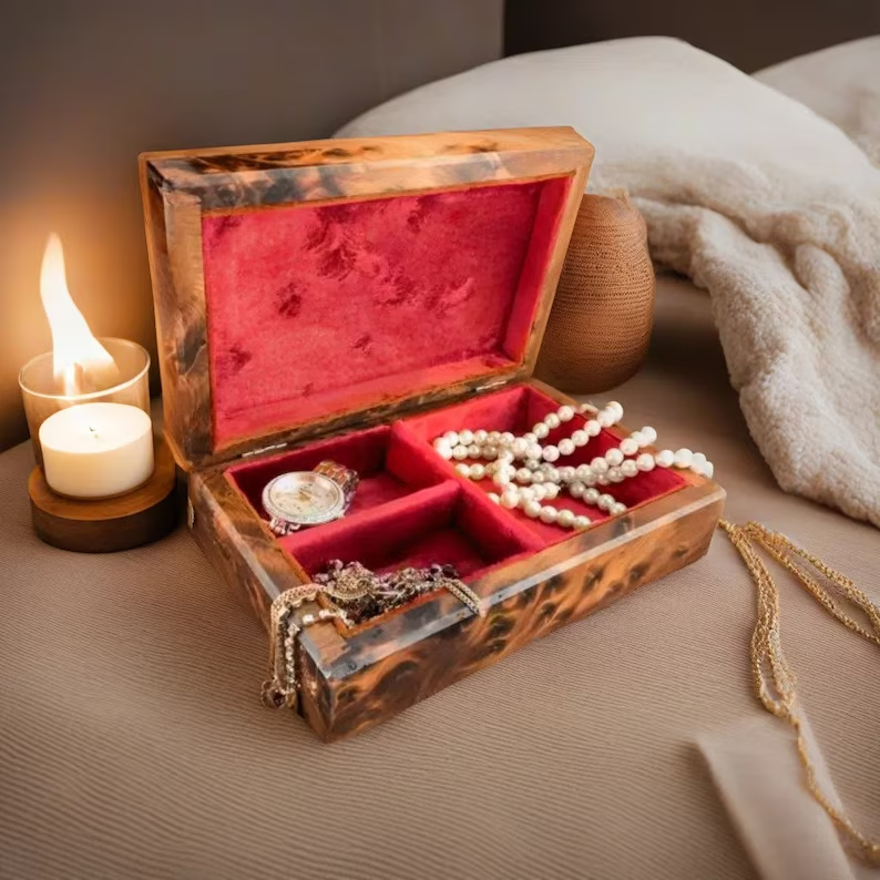 Personalized Decorative Red velvet interior Lined box, Mosaic patterns burl thuya wooden jewelry box, jewelry holder small box, birthday gift box for her