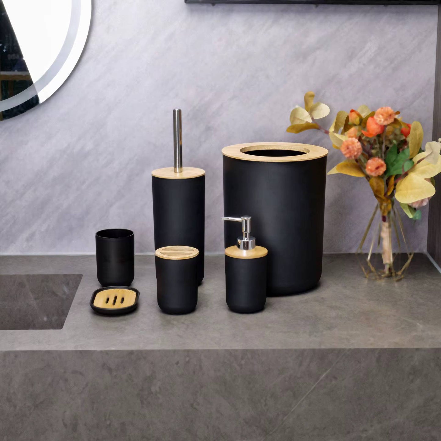 Ensemble Accessoires Salle de Bain 6 Pièces Moderne Distributeur de Savon, Brosse WC, Porte Savon et Gobelet طقم إكسسوارات حمام