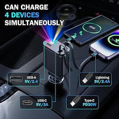 Charge rapide auto multifonction 4-en-1 avec câbles rétractables